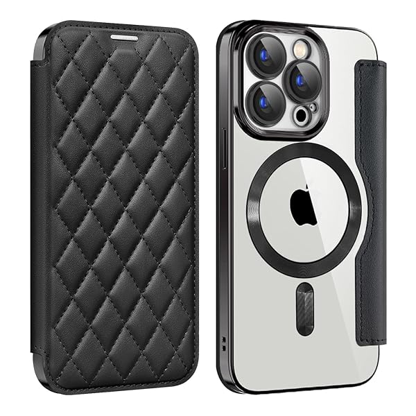 iPhone 15 Pro Max 用 ケース 手帳型 クリア Magsafe対応 背面透明 キルティング 高級なPUレザー スマホケース ゴージャス カード収納 おしゃれ 人気財布型 格子柄 カバー アイフォン15 Pro Max 用 手帳カバー