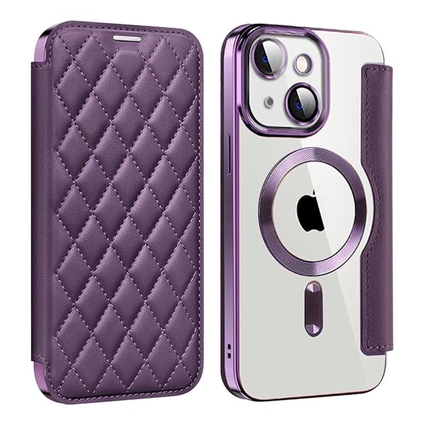 iPhone 15 用 ケース 手帳型 クリア Magsafe対応 背面透明 キルティング 高級なPUレザー スマホケース ゴージャス カード収納 おしゃれ 人気財布型 格子柄 カバー アイフォン15 用 手帳カバー ケース (iPhone15,パー
