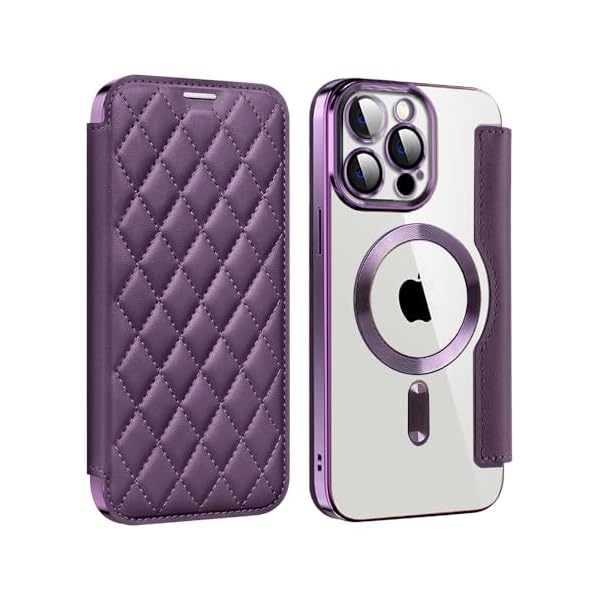 iPhone 15 Pro 用 ケース 手帳型 クリア Magsafe対応 背面透明 キルティング 高級なPUレザー スマホケース ゴージャス カード収納 おしゃれ 人気財布型 格子柄 カバー アイフォン15 Pro用 手帳カバー ケース (iPho