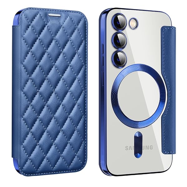 Galaxy S23 用 ケース 手帳型 クリア Magsafe対応 背面透明 キルティング 高級なPUレザー スマホケース ゴージャス カード収納 おしゃれ 人気財布型 格子柄 カバー Samsung ギャラクシー S23 用 手帳カバー ケース