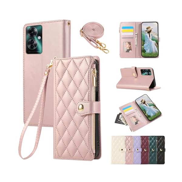 OPPO Reno 11A ケース 手帳型 ショルダー おっぽ スマホケース ひし形柄 対応 OPPO Reno 11a カバー 人気 女性 CPH2603 ケース 肩掛け カード収納 ジップ付き財布 横置き機能 シンプル お洒落 (ローズピンク)