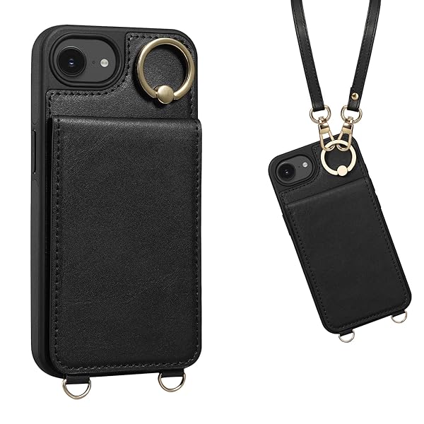 iPhone 16e 対応 ケース 背面 手帳型 カードケース ショルダー ストラップ いPhone 16e 用 手帳型ケース カード収納 PUレザー スタンド アイホン あいほん 16e 用 肩掛け 斜め掛け マグネット 6.1inch ブラック