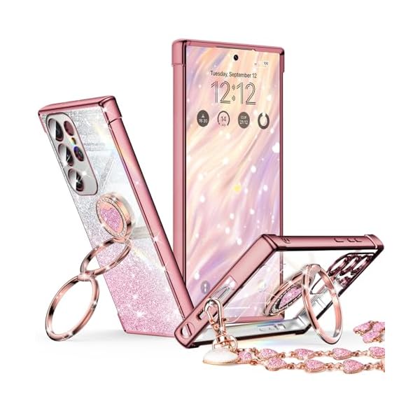 Galaxy S25 Ultra 用 ケース SC-52F SCG32 ダブルリング付き リストバンド ブレスレット付き ストラップ 耐衝撃 薄型 軽量 紐付き キラキラ ラブハート かわいい 女の子 おしゃれ 豪華 スマホケース ギャラクシー S2