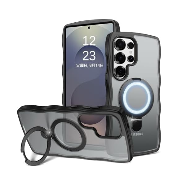 Galaxy SS25 Ultra ケース Magsafe対応 ウェーブ スタンド クリア Samsung ソフト TPU うねうね ケース マット 耐衝撃 薄型 黄ばみなし スマホケース S25 Ultra ワイヤレス充電 ストラップホール付き 金