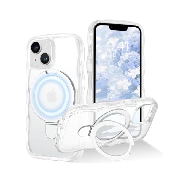 [ウェーブ&スタンド] いPhone 13 Mini 5.4"ケース クリア ウェーブ ピクセル いPhone ソフト TPU うねうね ケース マット耐衝撃 黄ばみなし スマホケース 13 Mini ワイヤレス充電 ストラップホール付き 金属キック