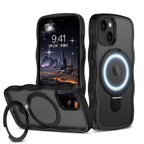 [ウェーブ&スタンド] いphone13mini ケース クリア ウェーブ ピクセル いPhone ソフト TPU うねうね ケース マット耐衝撃 黄ばみなし スマホケース 13 Mini ワイヤレス充電 ストラップホール付き 金属キックスタンド カ