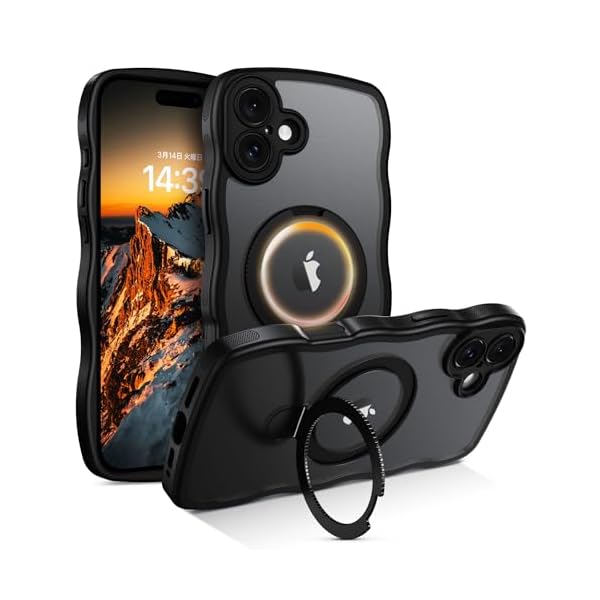 [ウェーブ&スタンド] いPhone 16 ケース クリア ウェーブ ピクセル いPhone ソフト うねうねケース マッ 耐衝撃 黄ばみなし スマホケース16 ワイヤレス充電 ストラップホール付き 金属キックスタンド カバー(ブラック)