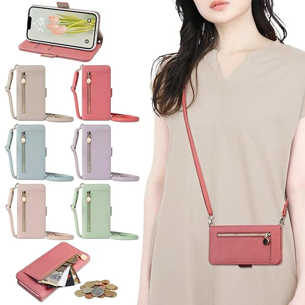 対応 Phone 17 PRO ケース 財布型 手帳型 ジッパー式 大容量ショルダーケース ストラップ付き ショルダー 肩掛け 長さ調整可能 女性 おしゃれ ロングストラップ ジッパー小銭入れ カード収納 ステント機能 耐衝撃 PUレザー