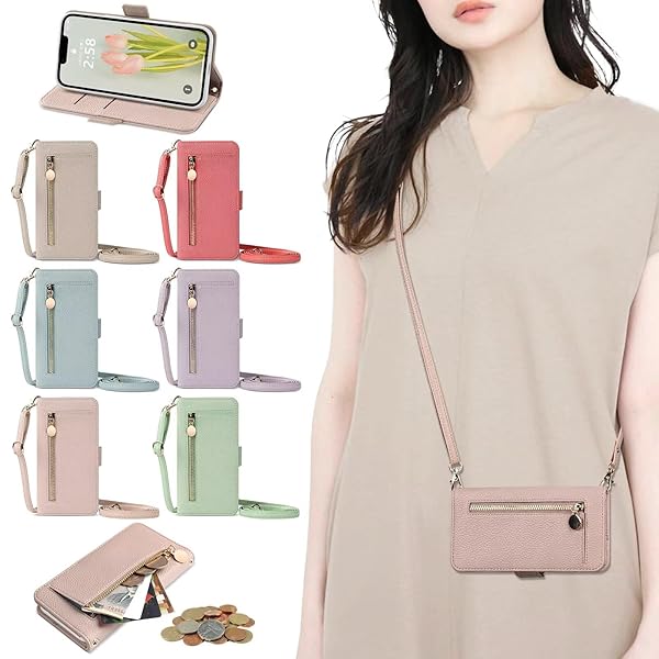 対応 Phone 17 PRO ケース 財布型 手帳型 ジッパー式 大容量ショルダーケース ストラップ付き ショルダー 肩掛け 長さ調整可能 女性 おしゃれ ロングストラップ ジッパー小銭入れ カード収納 ステント機能 耐衝撃 PUレザー