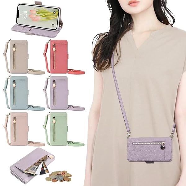 対応 Phone 17 PRO ケース 財布型 手帳型 ジッパー式 大容量ショルダーケース ストラップ付き ショルダー 肩掛け 長さ調整可能 女性 おしゃれ ロングストラップ ジッパー小銭入れ カード収納 ステント機能 耐衝撃 PUレザー