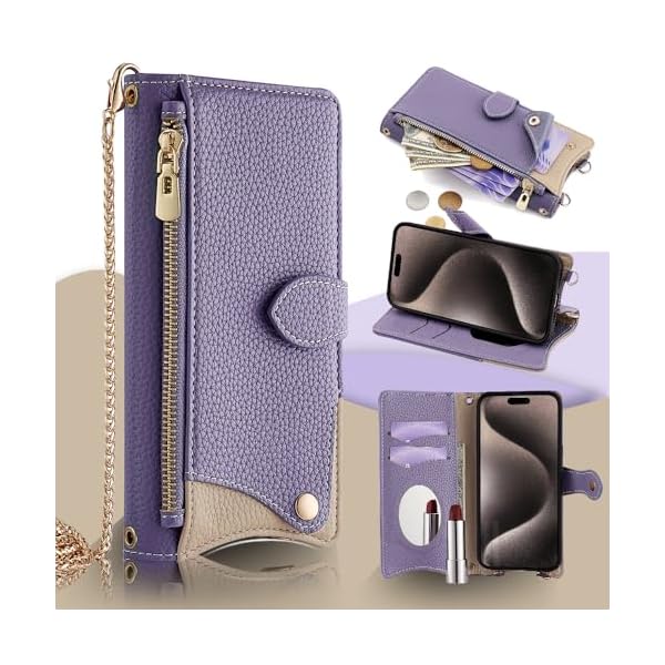 用の iPhone 17 ケース 手帳型 財布型カバー アイフォン17 ケース マグネット留め 鏡付き 銭入れ マグネット式 化粧鏡 カード収納 斜めがけ ストラップ 首掛け PUレザー 肩掛け 横置きスタンド機能 携帯カバー 全面保護 ファッション