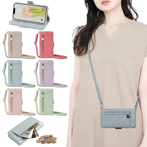 対応 Phone 17 Air ケース 財布型 手帳型 ジッパー式 大容量ショルダーケース ストラップ付き ショルダー 肩掛け 長さ調整可能 女性 おしゃれ ロングストラップ ジッパー小銭入れ カード収納 ステント機能 耐衝撃 PUレザー