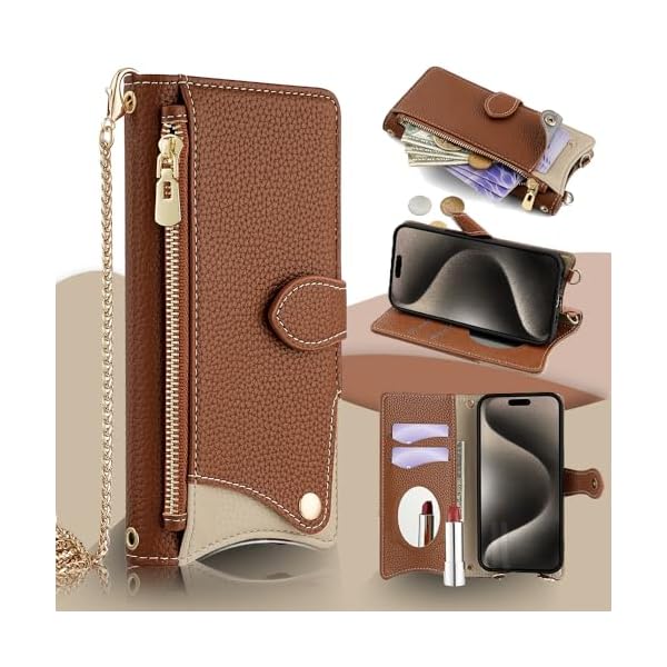 用の iPhone 17Pro Max ケース 手帳型 財布型カバー iPhone17プロマックス スマホケース マグネット留め 鏡付き 銭入れ あいふおん17ケースプロマックス マグネット式 化粧鏡 カード収納 斜めがけ ストラップ 首掛け PUレ