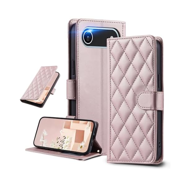 UnivoColors iphone17に対応 手帳型ケース アイフォン Air キルティグレザー調 エレガント 高質PU マグネット開閉式 カード収納機能 スタンド機能 液晶全面保護 レンズ保護 ストラップ付属(ゴールドピンク)