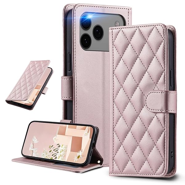 UnivoColors iphone17に対応 手帳型ケース アイフォン 17 Pro Max キルティグレザー調 エレガント 高質PU マグネット開閉式 カード収納機能 スタンド機能 液晶全面保護 レンズ保護 ストラップ付属(ゴールドピンク)