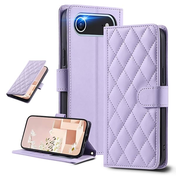UnivoColors iphone17に対応 手帳型ケース アイフォン Air キルティグレザー調 エレガント 高質PU マグネット開閉式 カード収納機能 スタンド機能 液晶全面保護 レンズ保護 ストラップ付属(パープル)