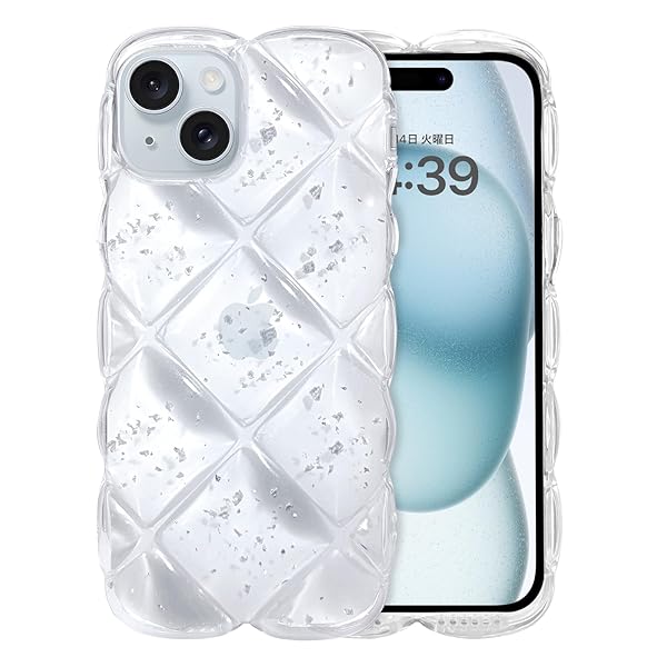 iPhone15 ケース クリア ウェーブ 菱形バック いphone 15 透明 うねうね スマホケース TPU キラキラ 菱形 凸凹 アルミ箔シルバー 可愛い 韓国 人気 耐衝撃 超軽量 おしゃれ バンパー ストラップホール付き アイフォン15 6