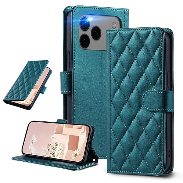 UnivoColors iPhone 17 Pro Max キルティグレザー調 手帳型ケース エレガント 高質PU マグネット開閉式 カード収納機能 スタンド機能 液晶全面保護 レンズ保護 ストラップ付属(グリーン)