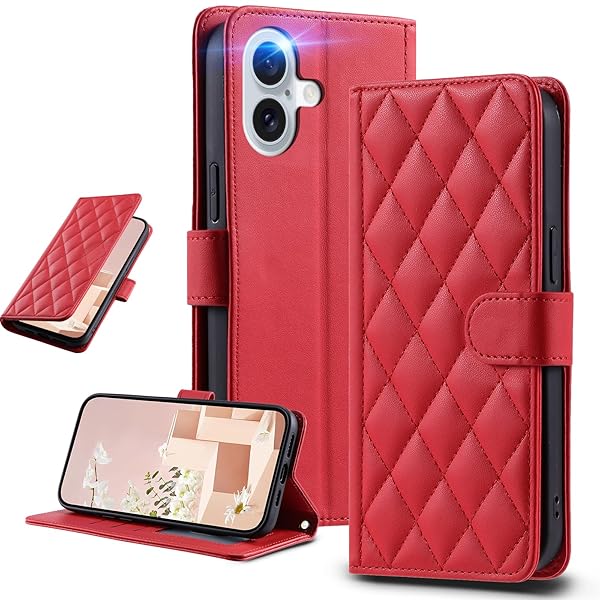 UnivoColors iPhone 17 キルティグレザー調 手帳型ケース エレガント 高質PU マグネット開閉式 カード収納機能 スタンド機能 液晶全面保護 レンズ保護 ストラップ付属(レッド)