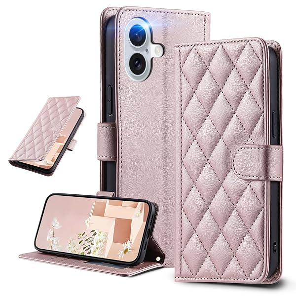 UnivoColors iPhone 17 キルティグレザー調 手帳型ケース エレガント 高質PU マグネット開閉式 カード収納機能 スタンド機能 液晶全面保護 レンズ保護 ストラップ付属(ゴールドピンク)