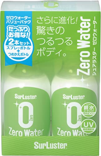 特殊:B06WVPGT4Bコード:4975203103093ブランド:Surluster (シュアラスター)規格：S-109商品カラー: グリーンサイズ情報:1)280ml 2本この商品についてスプレーして拭くだけ。驚きのつるつるボディ。 ナノ成分 nano+ を配合した、新しいガラス系ナノコーティング。洗車後、スプレーして拭くだけ。ムラの心配も少なく、誰でも簡単。繰り返し使うことでさらに輝きが増し、汚れに強いボディに。紫外線吸収材を配合し保護効果を高め、ホイールや樹脂パーツなどにも対応。使用可能箇所: 自動車ボディの塗装全般対象詳細: 全色対応(艶消し塗装を除く)研磨粒子有無: ノーコンパウンド内容量: 280ml 2本 使用回数目安: 中型車約12台分親水コーティングは塗装面についた水がサーッと流れて引いていくのが特徴です。› もっと見るブランドSurluster (シュアラスター)色グリーン仕上げタイプ光沢サイズ1)280ml 2本商品体積560 ミリリットル特徴耐久, 親水ユニット数1 セット塗装タイプスプレー商品用途 使用方法車推奨表面金属発送サイズ: 高さ19.8、幅13.3、奥行き6.8発送重量:700商品紹介洗車後、50cm四方を目安に1プッシュスプレーして塗り伸ばしてください。(濡れたボディでも水滴を拭き取ったボディでも使えます。) 濡れたボディに使った場合など、拭きスジが残るとシミやムラの原因になりますので、乾いたクロスで拭き上げてください。 事前に鉄粉や水アカ除去などの下地処理をすることで、より一層仕上がりが良くなります。 布地、皮革などの水が染み込む素材、ゴムなどには使用できません。 運転に支障をきたす恐れのある箇所(ハンドル、ペダルなど)への使用は避けてください。ポイント 拭き取り作業は液剤が乾く前に行ってください。 乾いたクロスで拭き上げると仕上がりがより良くなります。 拭き上げには「シュアラスター 鏡面仕上げクロス」をお勧めします。 濡れたまま施工する場合は、クロスをこまめに絞りながら拭き取ってください。 万が一、シミやムラが発生した場合は、水洗いしたクロスで拭き上げてください。除去が難しい場合は「シュアラスター スピリットクリーナー」での除去をお勧めします。 液剤の飛散が気になる場合は直接スプレーせず、クロスにスプレーしてから施工してください。 使用後はクロスをよく水洗いし、乾かしてから保管してください。汚れが気になる場合は、衣類用の洗剤をご利用ください。 1ヶ月に1回以上の施工をお勧めします。内容量:280mL 2本S-109はゼロウォーター2本セットの品番となります。セット内容としてはS-108の2本セット(トリガー付き1本とキャップ付き1本)となります。そのため製品のシュリンクフィルムにはS-108と記載されておりますが、液剤は同一の物であり問題はありません。予めご了承ください。使用上の注意 用途以外には使用しない。 シミやムラの原因になるので、炎天下やボディが熱い時は使用しない。 キズの原因になるので、風の強い時や砂ぼこりの多い所では使用しない。 使用前に、目立たない所で試し塗りしてから使用する。 使用後は石けんで手を洗う。 専門業者等でコーティングされている場合は、免責事項を予めご確認ください。続きを見る