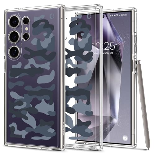 Spigen コラボレーション Galaxy S24 Ultra ケース クリア ストラップホール 米軍MIL規格 ウルトラ ハイブリッド ACS07576-XG07138 (クリスタル クリア/ミリタリーキャモーブルー)
