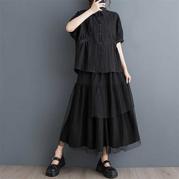 セットアップ 2点セット レディース 夏 シャツ 切り替え 半袖 トップス スカート チュール 切り替えチュール ロングスカート ロング丈 Aライン ボトムス 着やせ 大人 カジュアル きれいめ リラックス 大人可愛い ゆったり おしゃれ ブラック 黒 送料無料
