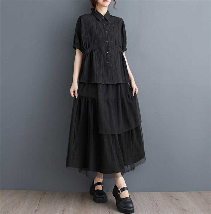 セットアップ 2点セット レディース 夏 シャツ 切り替え 半袖 トップス スカート チュール 切り替えチュール ロングスカート ロング丈 Aライン ボトムス 着やせ 大人 カジュアル きれいめ リラックス 大人可愛い ゆったり おしゃれ ブラック 黒 送料無料