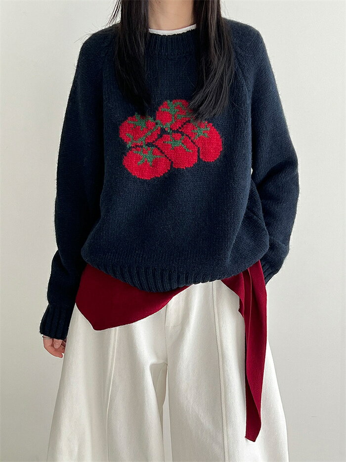 ニットセーター ニット 可愛い レディース セーター 秋 トップス 長袖 カットソー クルーネック トマト柄 きれいめ プルオーバー 重ね着 レイヤード ゆったり 体型カバー カジュアル シンプル おしゃれ ネイビー グレー ベージュ 20代 30代 40代 50代