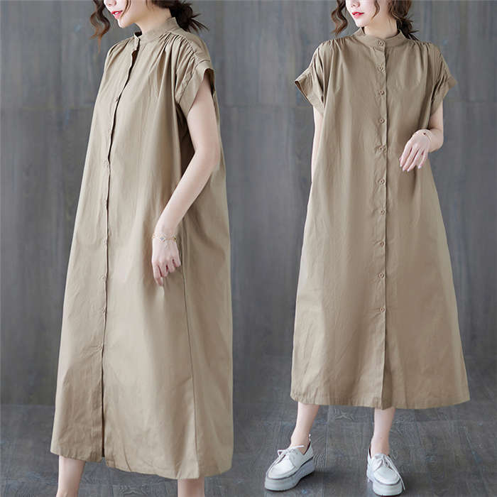 シャツワンピース レディース 半袖 ボリューム袖 夏 ゆったり デザイン きれいめ おしゃれ ギャザ入り スタンドカラー 立ち襟 前開き ボタンワンピース 無地 体形カバー 通勤 オフィス カジュアル 送料無料