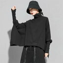 ドルマンスウェット レディース トップス 長袖 ハイネック スウェット トレーナー プルオーバー 裾変形デザイン アシンメトリー 無地 モード系 個性的 大人 ...