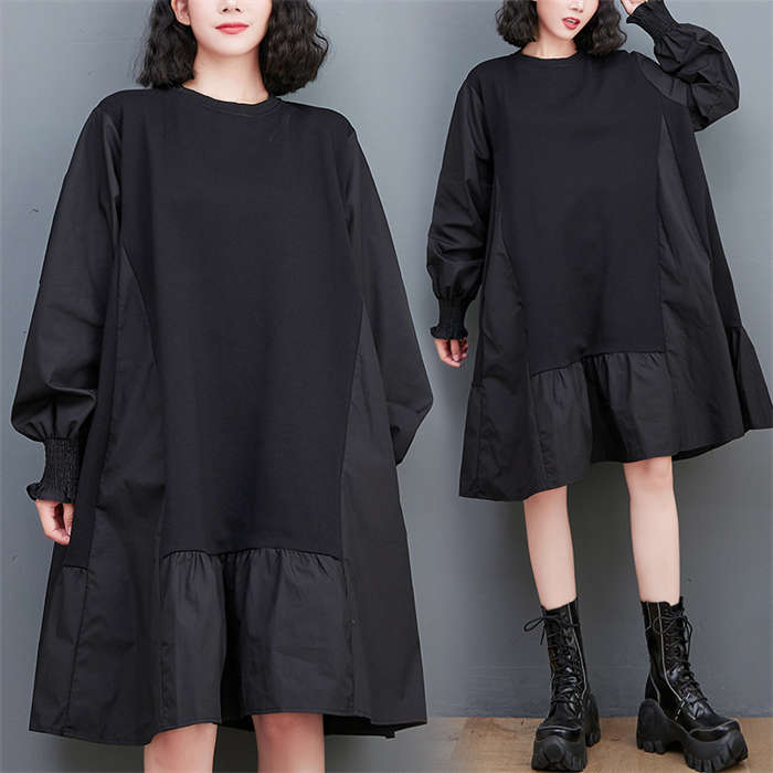 チュニックワンピース レディース ワンピース 長袖 チュニックワンピ バルーンスリープ 春秋 レディース きれいめ ぽわん袖 ゆったり 異素材 着やせ ロングワンピース ミモレ丈 ミモレワンピース 体型カバー ビッグシルエット パッチワーク カジュアル 大きいサイズ