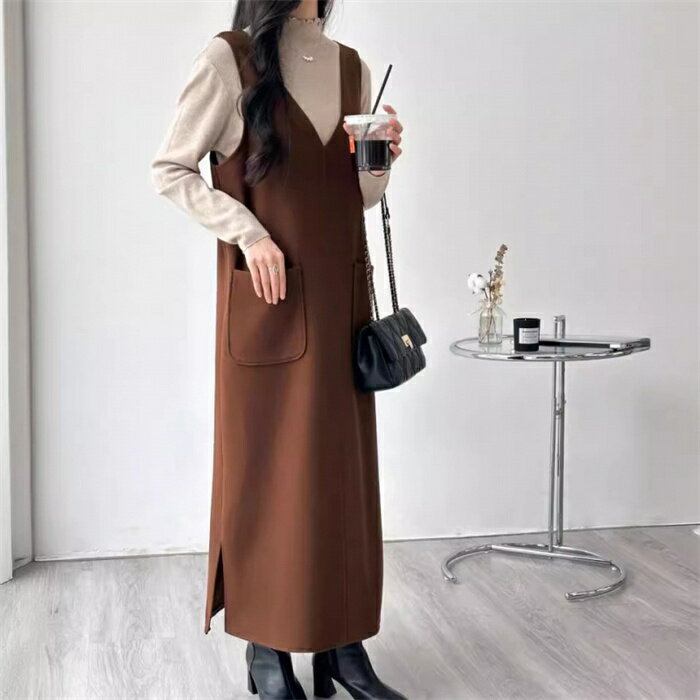 ジャンパースカート ロング ワンピース 秋 冬 Vネック ワンピース レディース 秋冬 ノースリーブ サロペット スカート ジャンスカ ロング ワンピース 重ね着 大きいサイズ おしゃれ 可愛い レイヤード カジュアル 通勤 通学 エレガント プルオーバー 無地