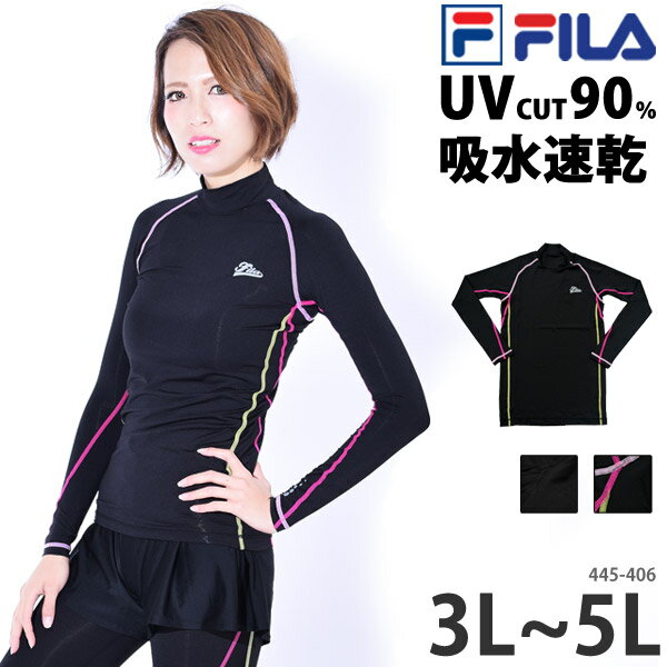 FILA フィラ ランニング ウェア レディース 大きいサイズ 長袖 コンプレッション インナー トップス Tシャツ UVカット 吸水速乾 女性用 すっきり ハイネック ラッシュガード 水陸両用 ヨガウェア フィットネス水着 黒 3L 4L 5L 445406-4 ネコポス 送料無料