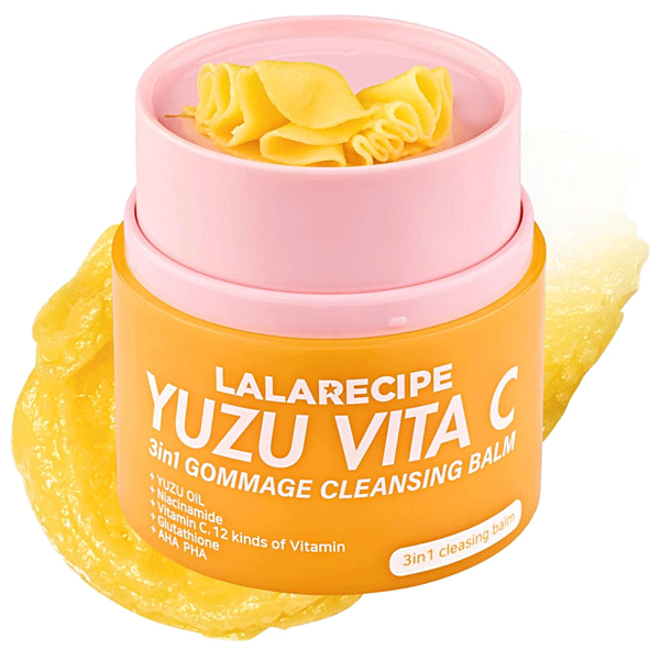 イーエステshop/もっとキレイにの★LALARECIPE ゆずビタC 3IN1 ゴマージュクレンジングバーム 120g◆バームからオイル、そしてミルク（乳化）へと3段変化\♪これ1つでメイク落とし、角質ケア（ピーリング）、洗顔が完了するオールインワンクレンジングです。送料無料※8月中旬入荷予定｜アングル2