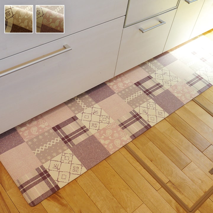 キッチンマット PVC使用 お手入れ簡単 拭ける お掃除ロボ対応 すべりにくい 薄手 耐圧分散 北欧風 カントリー調 約45×180cm ikh【メーカー直送】