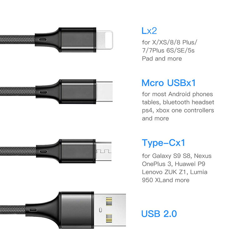 iOS/Micro USB/USB Type-C 3in1 充電ケーブル ライトニングケーブル microusb typec スマホ iPhoneX/8/7/6/SE Android Xpeira AQUOS arrows Galaxy | iphone アイフォン アンドロイド ケーブル 充電器 タイプc 充電 アイフォーン 携帯 コード iphoneケーブル 充電機