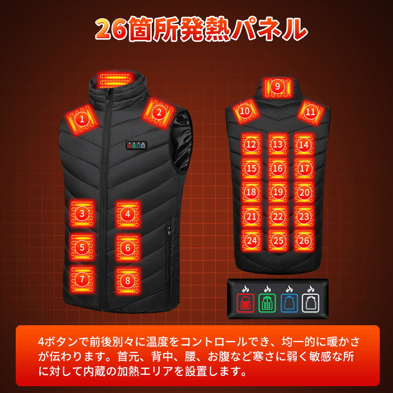 【クーポンで2,280円～改善版】電熱ベスト 40000mAhバッテリー付き MAX約70℃ ヒーターベスト ヒーター26枚内蔵 前後独立 3段階調温 速暖 3段調整 USB給電式 2種接続口 DC/USB両用 防寒 男女兼用 軽量 バイク アウトドア 通勤通学 洗える 100日間保証 kirinkokusai-10000220 キリン国際 楽天市場店 サンプル画像3