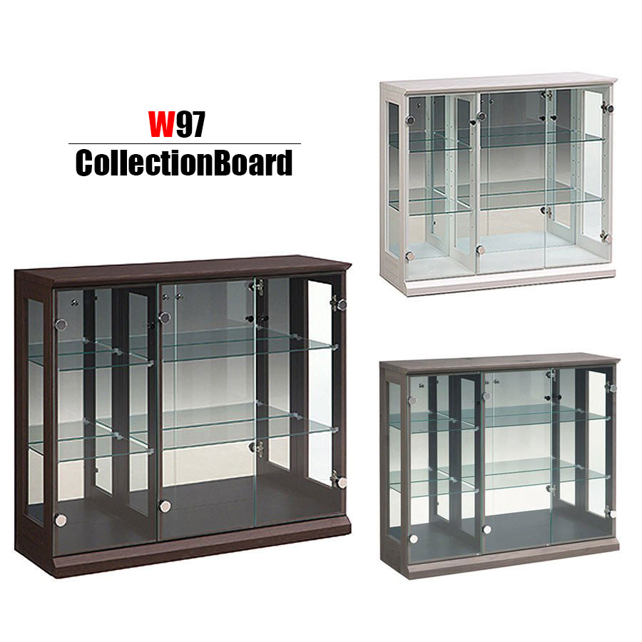幅97cm コレクションケース ショーケース ロータイプ 高さ83cm 完成品 木製シート貼り ガラス扉 背面ミラー張り コレクションボード キュリオケース フィギュア収納 ガラス 陳列ケース 扉強化ガラス