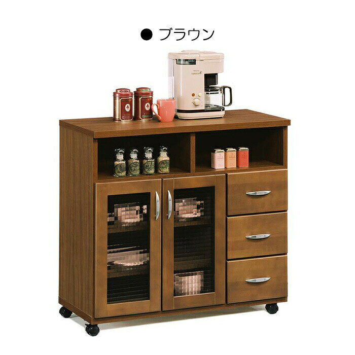 キッチンカウンター レンジ台 ワゴン 90cm幅 間仕切り キッチン台 作業台 格子模様ガラス 安い 日本製 カントリー家具 [3]
