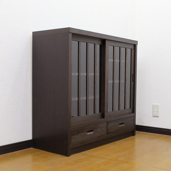 Rakuten - サイドボード キャビネット 和風 完成品 幅90cm 引き戸 スライド扉 リビングボード 和モダン 桐無垢 木製 ガラス扉 リビング収納 飾り棚 引き出し付き 国産 日本製