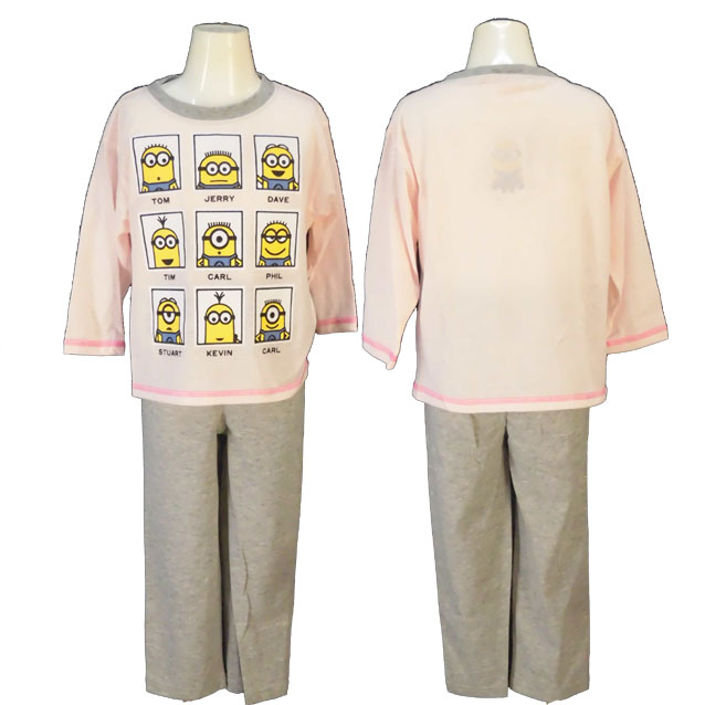 ミニオンズ☆2TOPパジャマ/半袖Tシャツ+長袖Tシャツ長ズボン(キッズ) 子供 こども ガールズ 女の子 女児