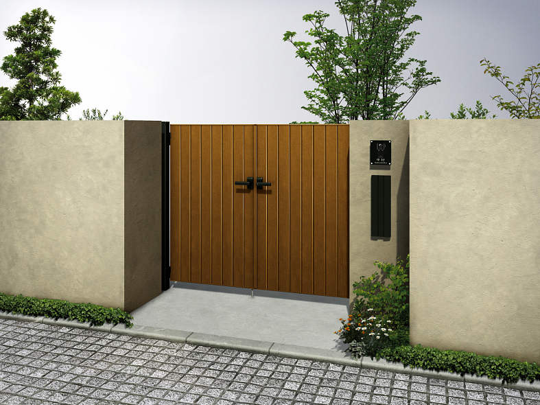 【送料無料】YKKAP ルシアス門扉TM2型 両開き 門柱仕様 08-12 内開き仕様 UME-V-TM2『木調 ゲート 部材..