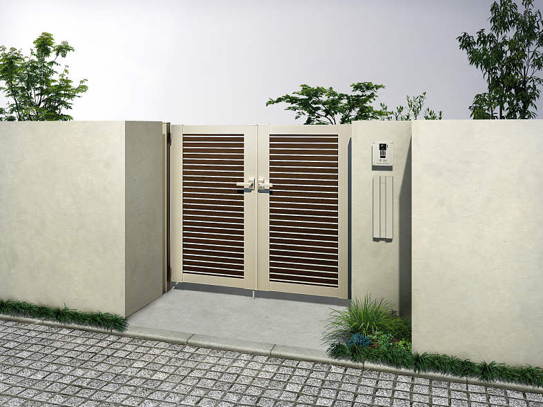 【送料無料】YKKAP ルシアス門扉YM1型 両開き 門柱仕様 06-14 内開き仕様 UME-V-YM1『木調 ゲート 部材..