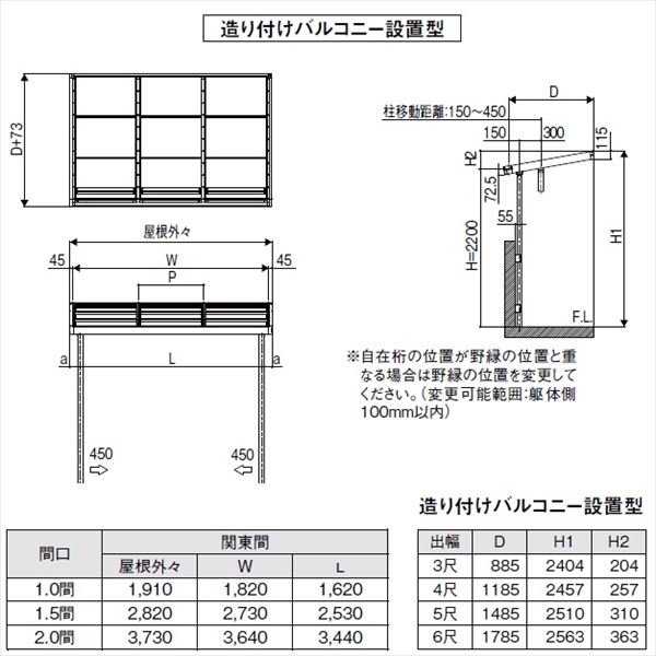 【LIXIL】リクシル シュエット 600タイプ 造り付け屋根タイプ 関東間 間口W 1間×出...