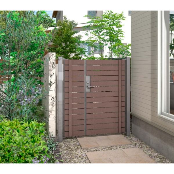 【送料無料】タカショー 門扉 ユニットプラス モクプラボードリアル90幅 片開き W1100×H1600 レバーハ..