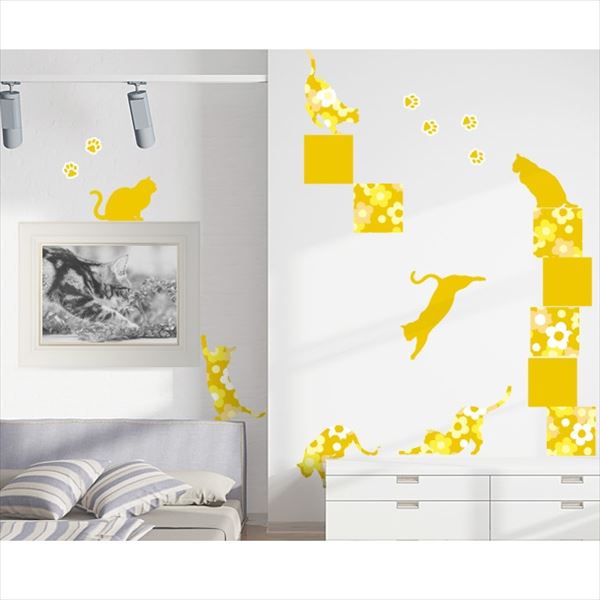 東京ステッカー 高級ウォールステッカー 動物 フローラル・キャッツ Sサイズ ＊TS0021-CS イエロー 『..