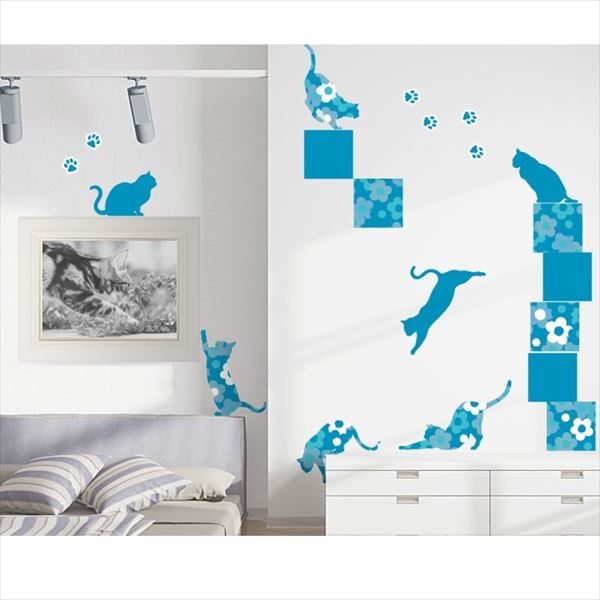 東京ステッカー 高級ウォールステッカー 動物 フローラル・キャッツ Sサイズ ＊TS0021-DS ブルー 『お..