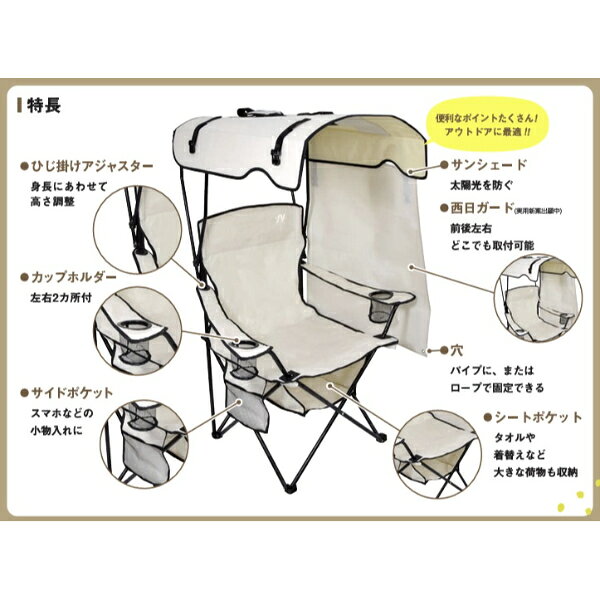 日動工業 シェード付チェア 焼けなイス NCHA-01-SN 『 アウトドア キャンプ BBQ バーベキュー 椅子 イス 折り畳み 日焼け 』 サンド kiro-10449703 エクステリアのキロ楽天市場支店 サンプル画像2