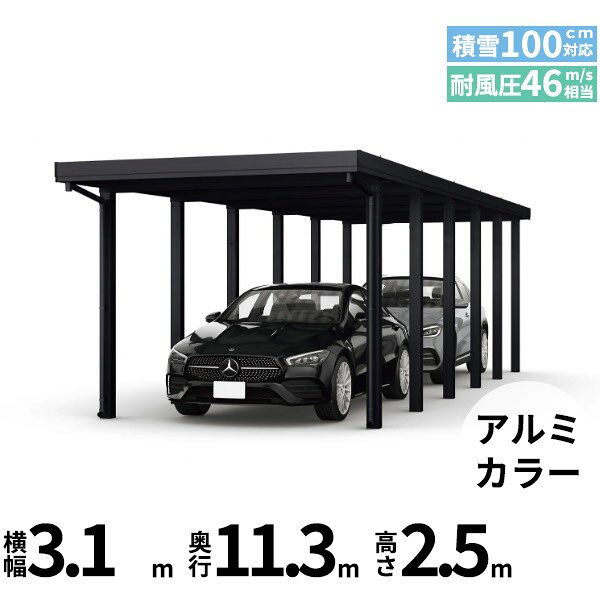 Rakuten - 【商品のみ】カーポート 2台用 YKK YKKAP ジーポート Pro 3000タイプ 横材なし 明かり取りなし 奥行(2)連結柱12本 J55・60-30 H25『 折板 セッパン カーポート 車庫 ガレージ 駐車場 屋根 diy 』 アルミ色